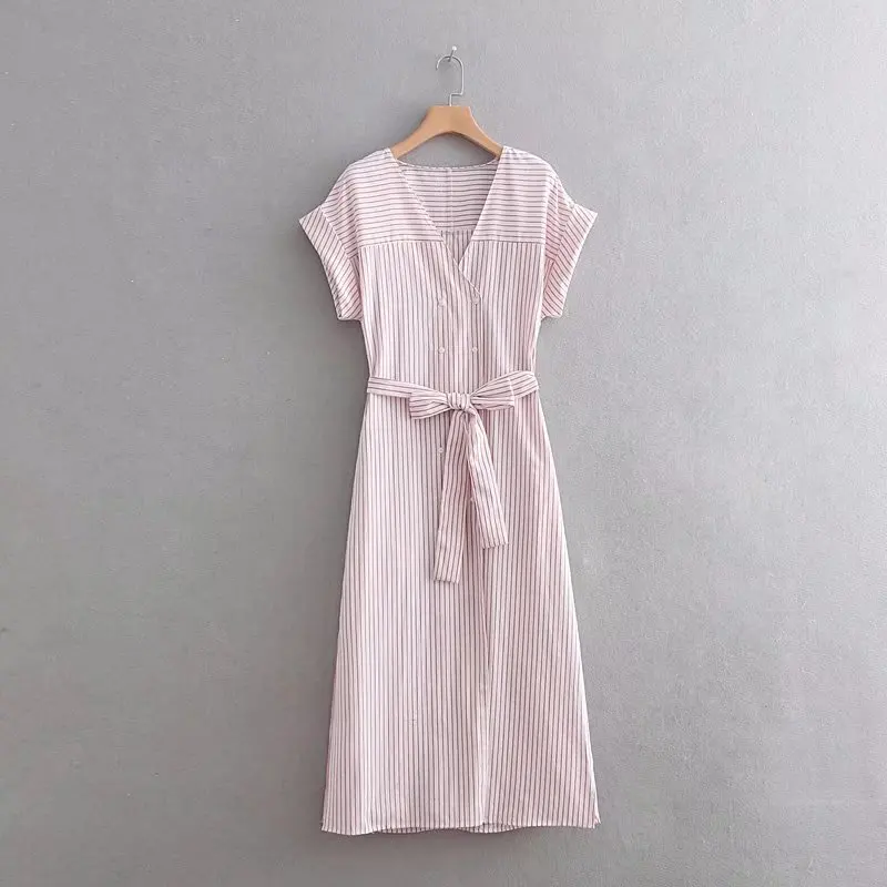 2018 Summer New Style Long Striped Women's Shirt Dress V-neck Double Breasted d0196 | Женская одежда