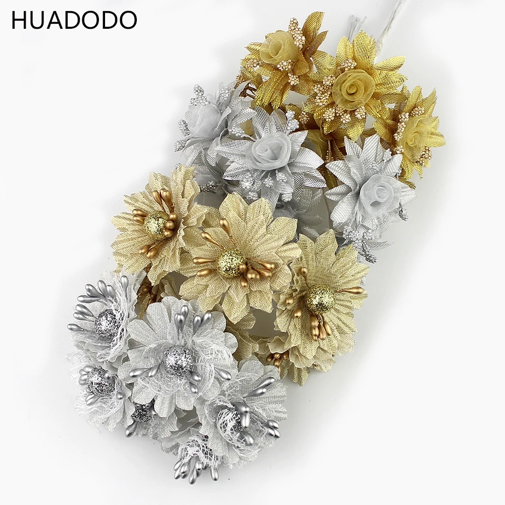HUADODO 6 шт. Золотой Серебряный Блестящий искусственный Шелковый букет цветов для свадебного украшения скрапбук DIY ручной работы искусственные цветы
