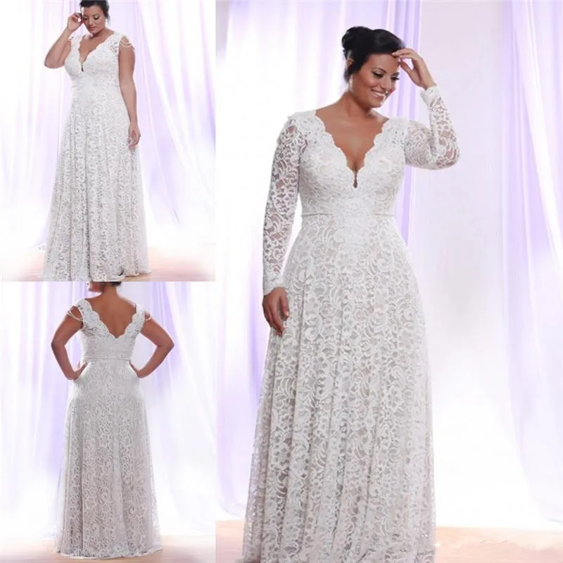 Cheap Plus Size Full Lace Wedding Dresses With Removable Long Sleeves V Neck Bridal Gowns Floor Length A Line Gown | Свадьбы и