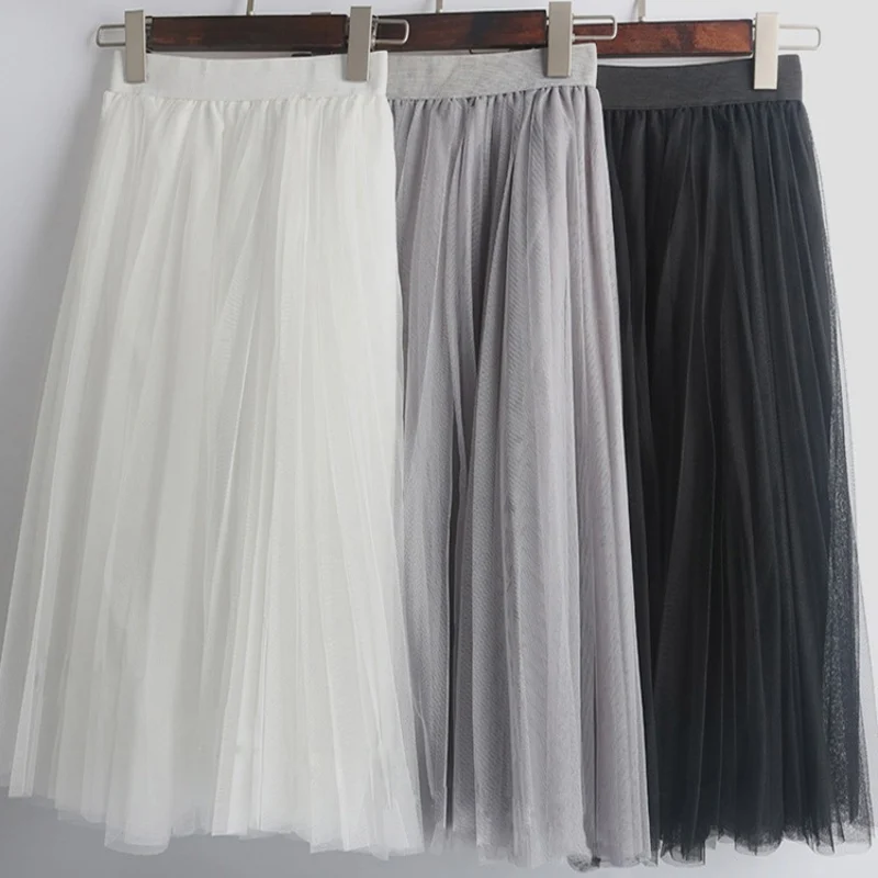

2019 Tulle Skirts Women Black Gray White Adult Tulle Skirt Elastic High Waist Pleated Midi Skirt