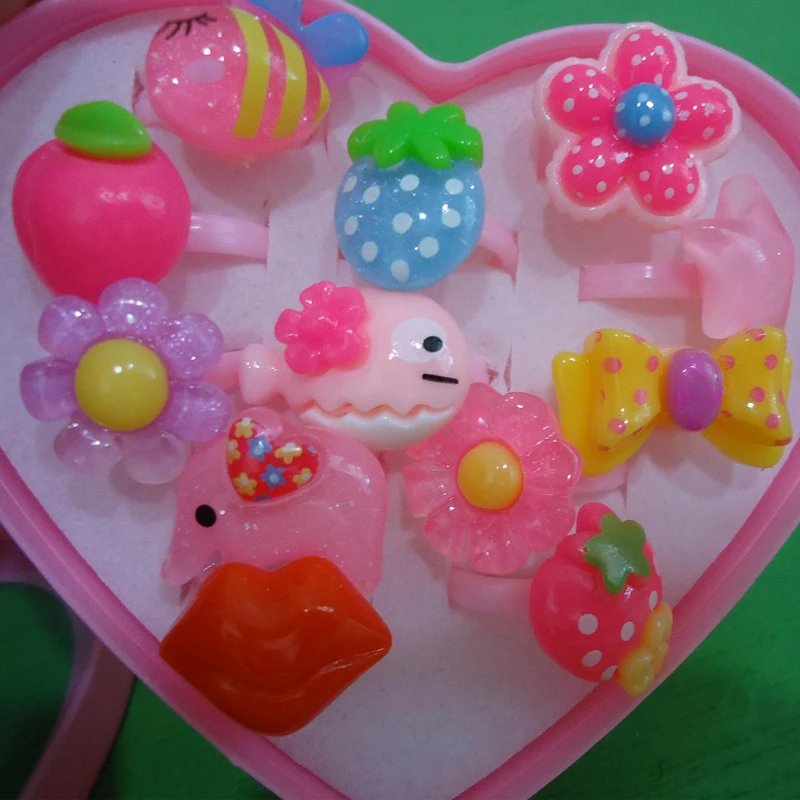 12pcs Children's Cartoon Rings Baby Kids for Girls Flower Animal Ring Set Mix Finger Jewery with Display Box | Украшения и