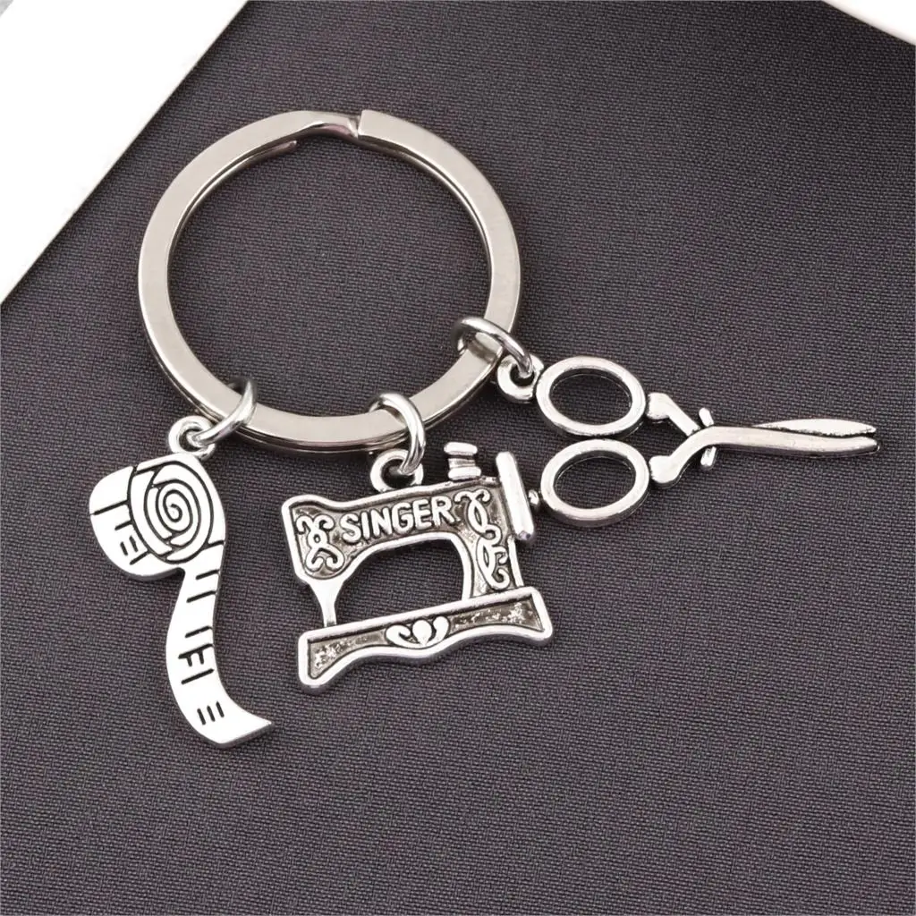 1Pc Sewing Machine Scissors Keychain Tape Measure Pendant Keyring Dressmaker Statement Gift Finding Jewelry Accessories E2588