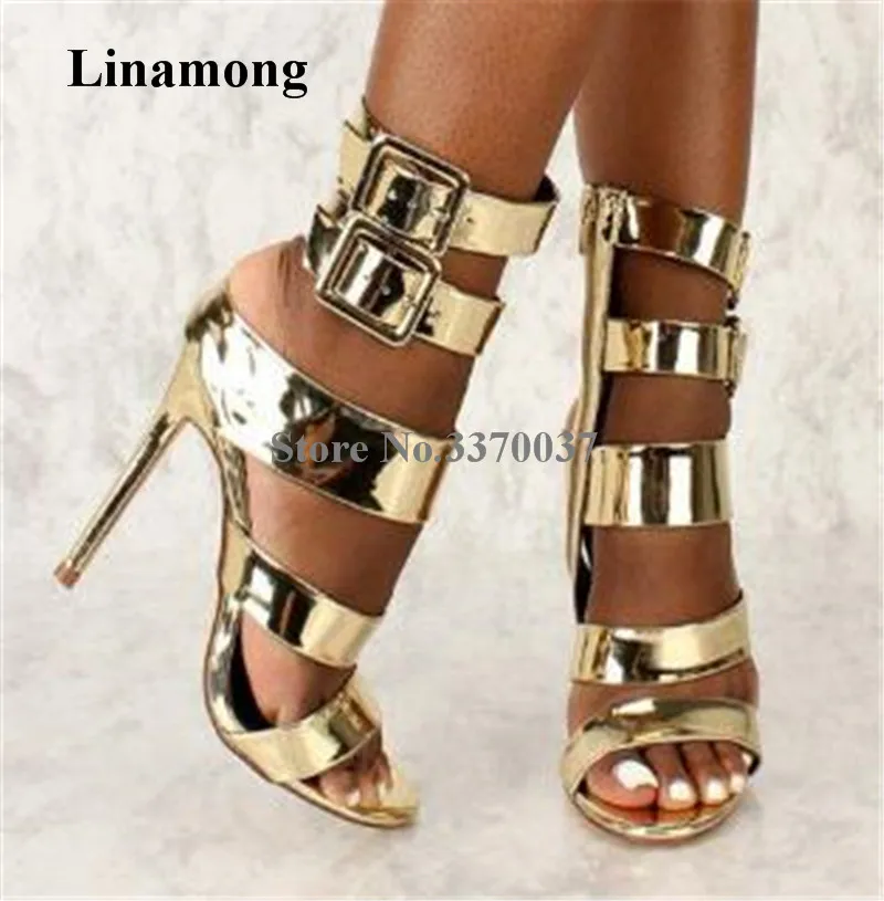 

Women Shining Gold Patent Mirror Leather Stiletto Heel Gladiator Sandals Sexy Buckles Straps High Heel Sandals Dress Shoes