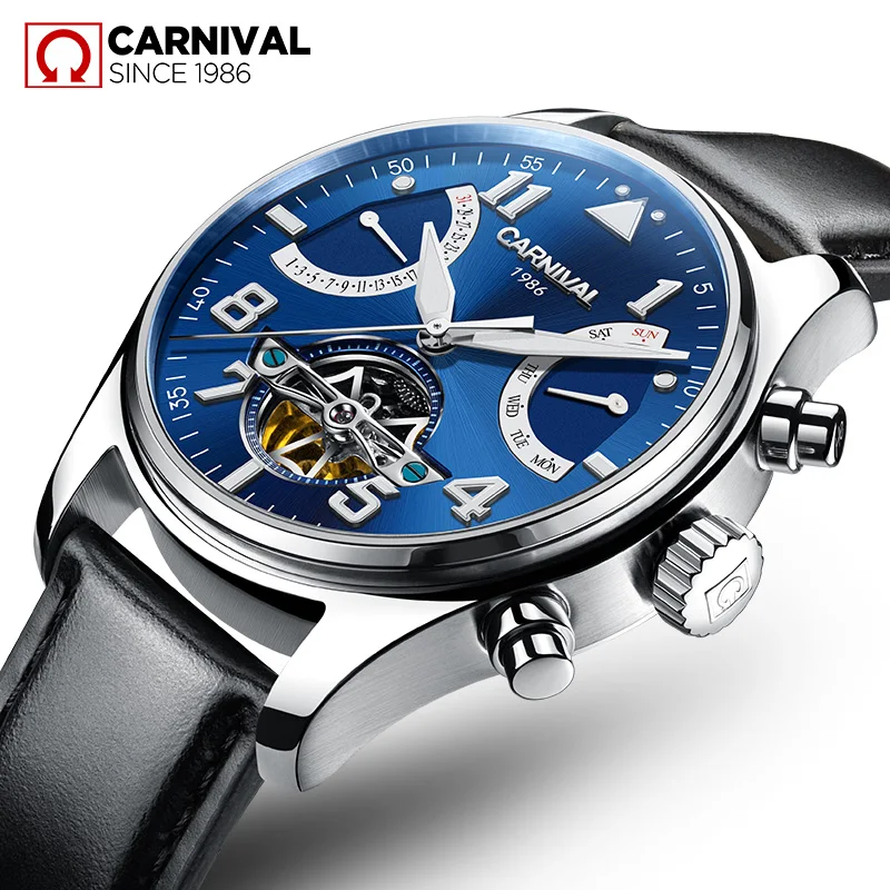 Мужские модные автоматические механические часы водонепроницаемые Tourbillon Carnival