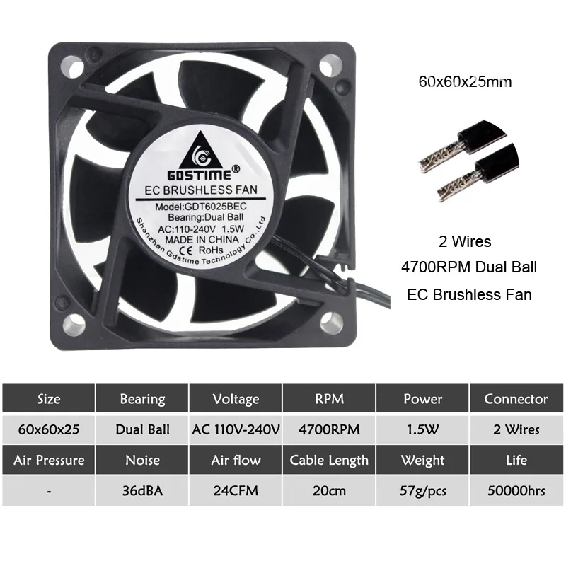 Ball 60x60x25mm Gdstime EC Бесщеточный вентилятор охлаждения переменного тока 110 в 120 в 220 в 240 В шарикоподшипник осевой вентилятор 60 мм 80 мм 90 мм 120 мм - Цвет лезвия: Ball 60x60x25mm