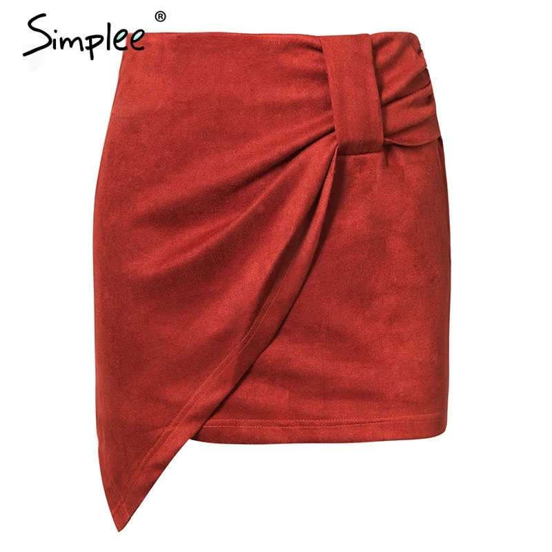 Watermelon Red Женская черная облегающая юбка Simplee, винтажная юбка с оборками с завышенной талией для осени, корейская мини-юбка из замши для клуба и рождества - Цвет: Watermelon Red