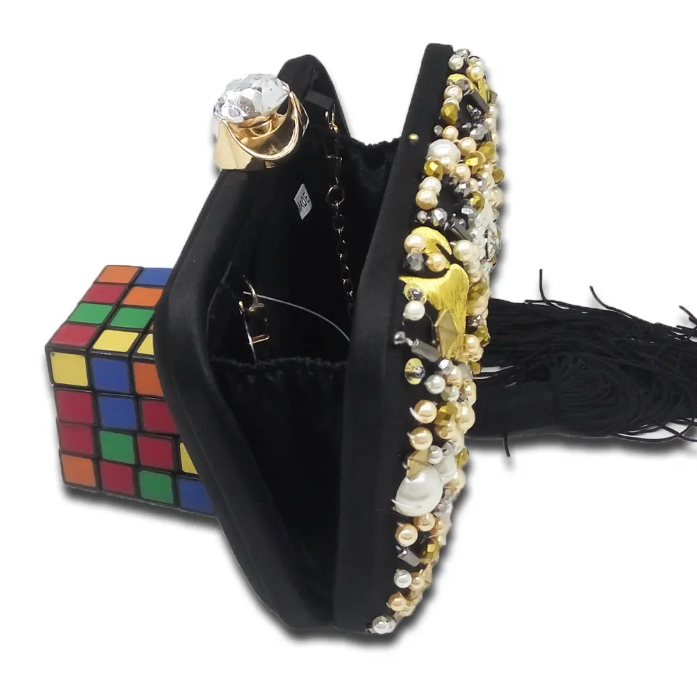 Известная марка бисера заклепки вышивка кисточкой женский черный атлас вечерние