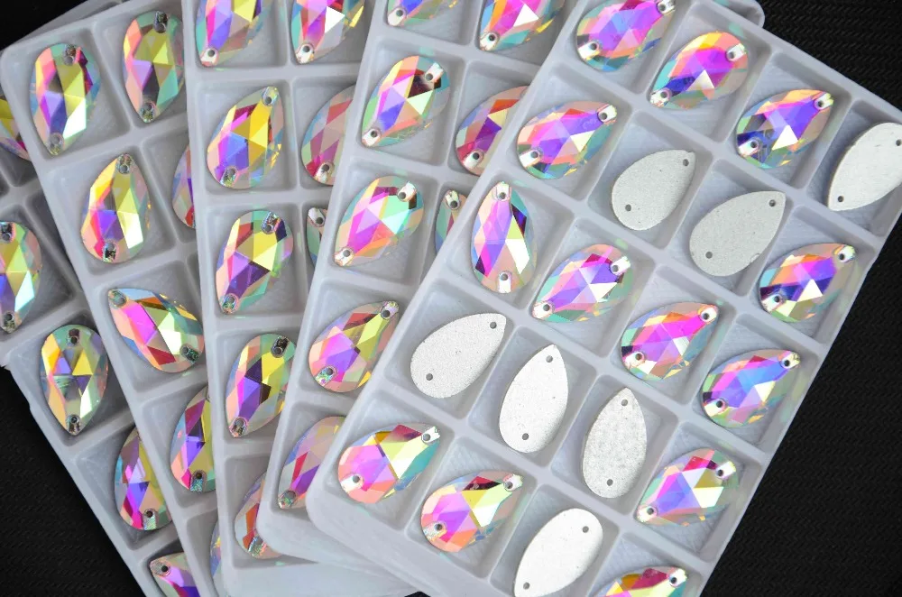 Все размеры стеклянные кристаллы каплевидные пришивные камни плоские с обратной