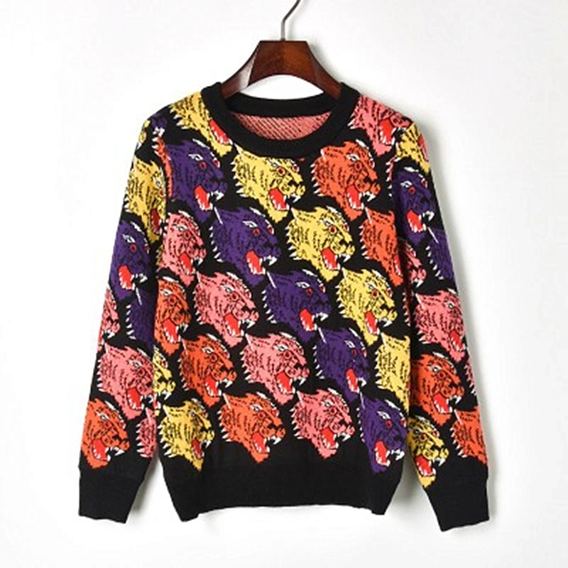 2018 New European And American Style Multicolor Tiger Head Knitted Sweater Straight Round Neck Female Thick Section | Женская одежда