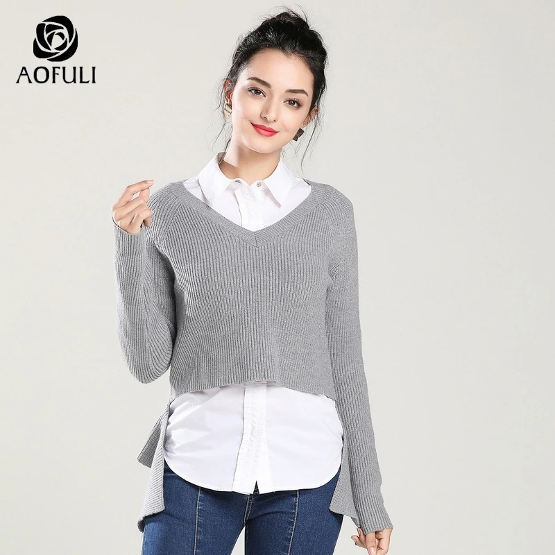 AOFULI Chic Plus Размеры Для женщин серый свитер трикотажный пуловер укороченный топ