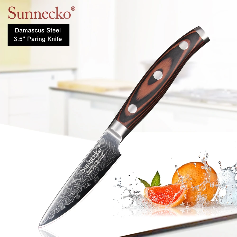 

Нож для чистки овощей и фруктов SUNNECKO VG10, японские кухонные инструменты с лезвием из дамасской стали 3,5 дюйма, с деревянной ручкой Pakka