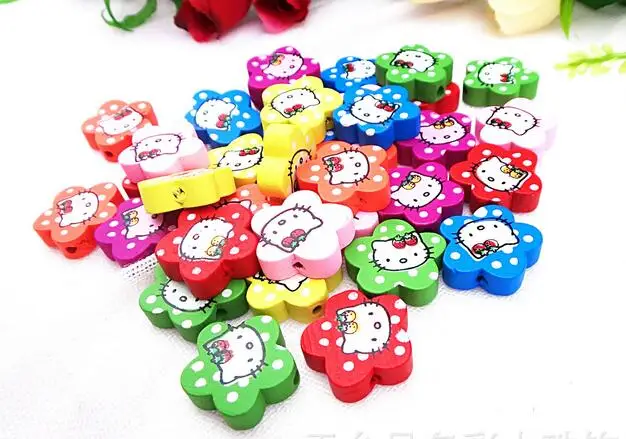 500 шт./лот 19 мм милые деревянные бусины в форме цветка hello kitty Cat для изготовления ювелирных изделий своими руками деревянные бусины детские ювелирные изделия