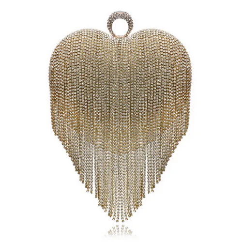 YM1106gold GLOIG дизайн в виде сердца, стразы с кисточками, женские клатчи с кристаллами, кольцо на палец, цепь, сумки на плечо, вечерние, свадебные сумочки - Цвет: YM1106gold
