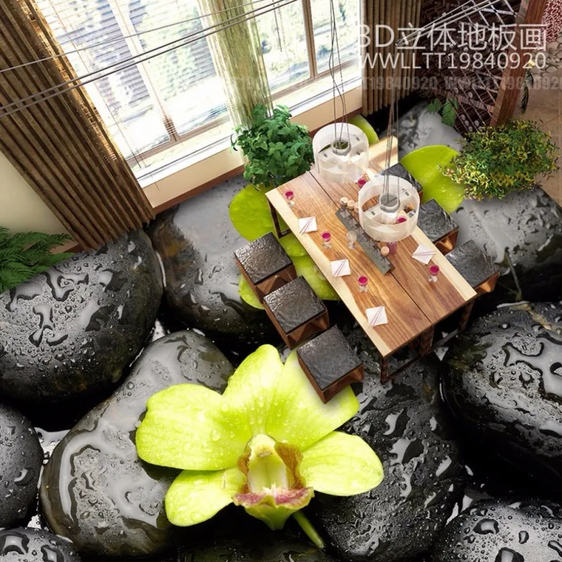 

Free Shipping Stone water drop Orchid 3D floor wear non-slip waterproof bathroom restaurant kitchen flooring mural