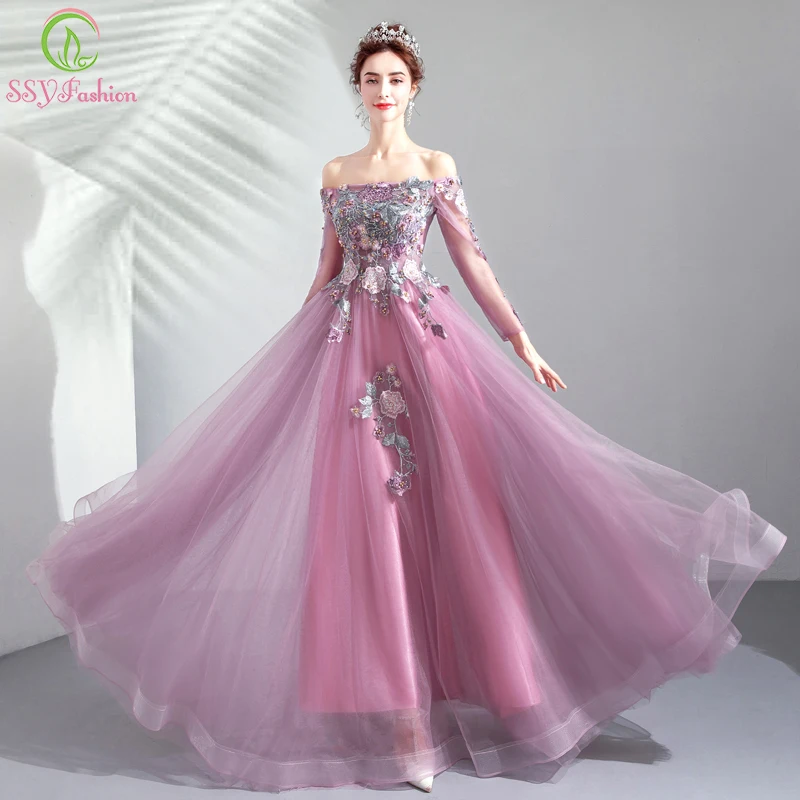 Женское вечернее платье до пола SSYFashion роскошное фиолетовое с кружевной