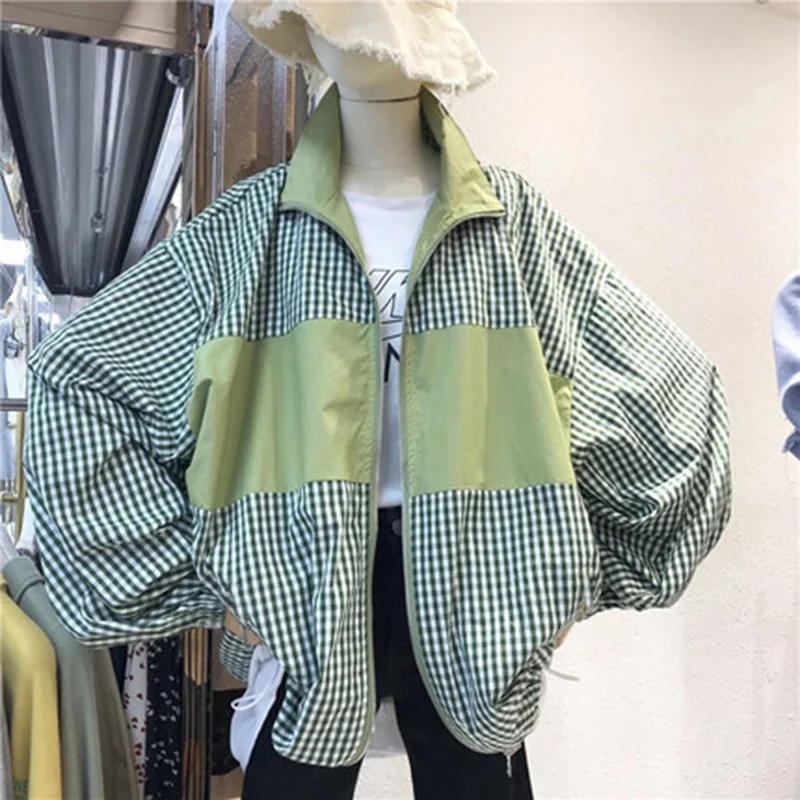 Женские куртки в клетку BF корейский Harajuku Ulzzang стиль с длинным рукавом Повседневная Женская Базовая куртка Универсальная Высокое качество свободные трендовые