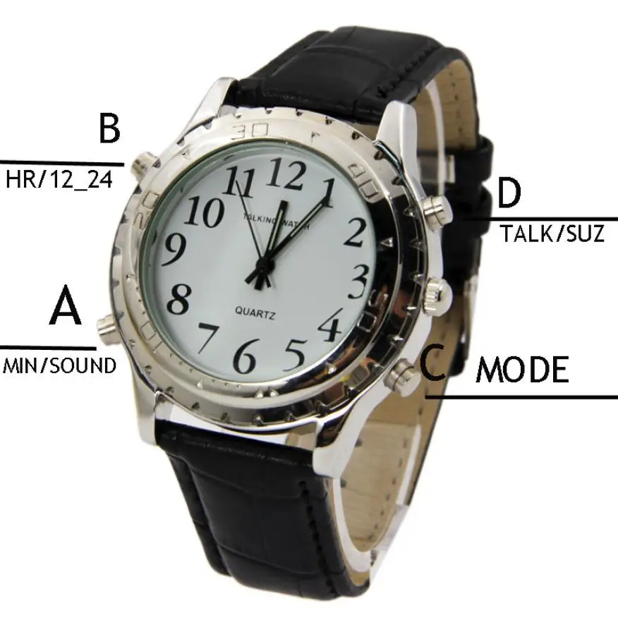

English Talking clock for blind or visually impaired Watch yourself watch men Leather Quartz Wrist Watches relogio masculino #D