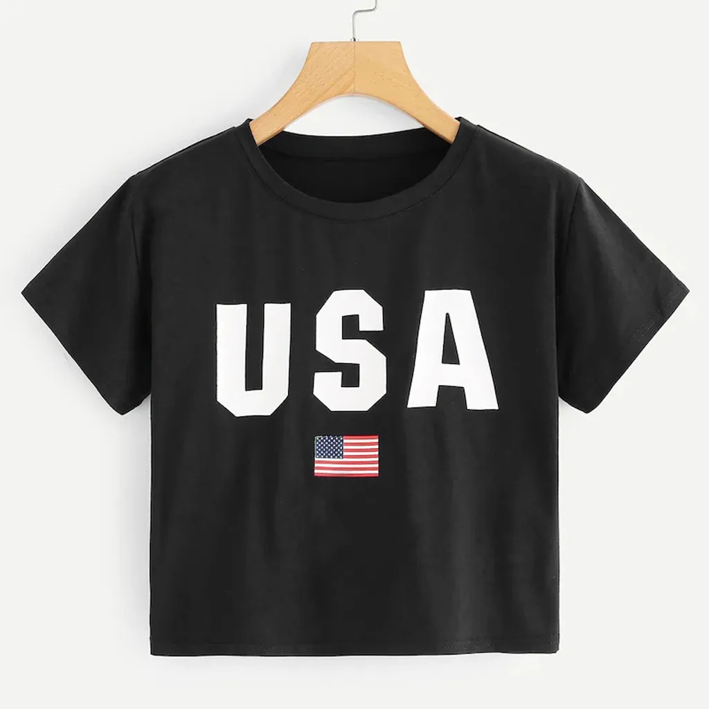 Женская рубашка с коротким рукавом и принтом американского флага лето