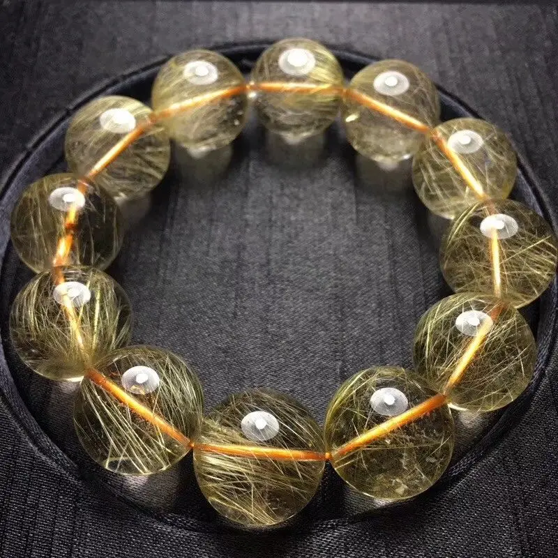 

19mm Natural Gold Rutilated Quartz Titanium Stretch Crystal Beads Bracelet