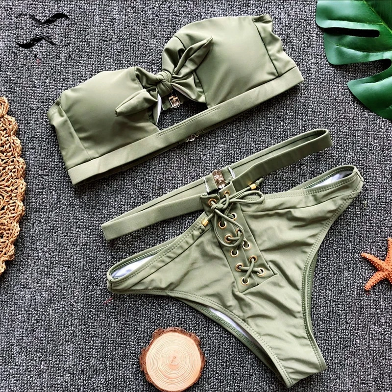 Bikinx Красный бандо купальник с узлом для женщин шнуровка высокая Талия бикини 2018