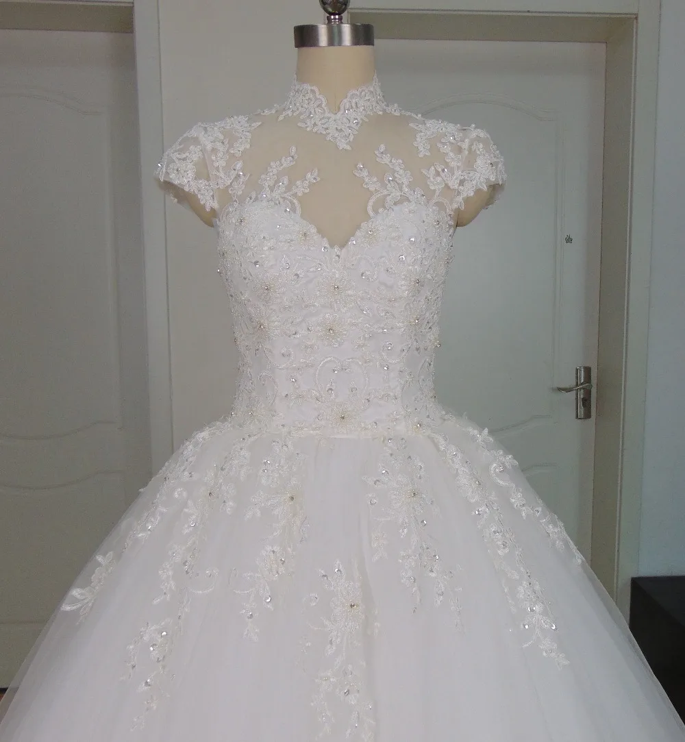Реальные Vestido де Noiva Высокая Шея Бальное платье Свадебное Платье Из Бисера Люкс