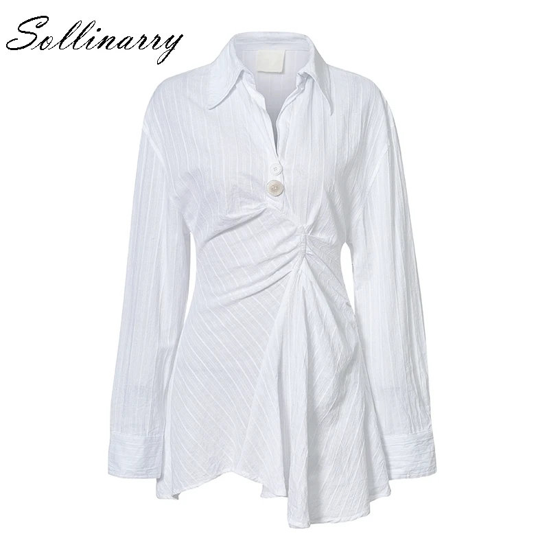 Sollinarry White Elegant Slim Short Dress Shirt Women Autumn Long Sleeve Blouse Office Ladies Casual Vestidos | Женская одежда