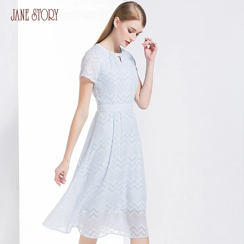 Jane Story 2018 Summer Women Dress O Neck Chiffon Jacquard Flower Elegant Short Sleeve Mid-Calf Office Lady Female | Женская одежда