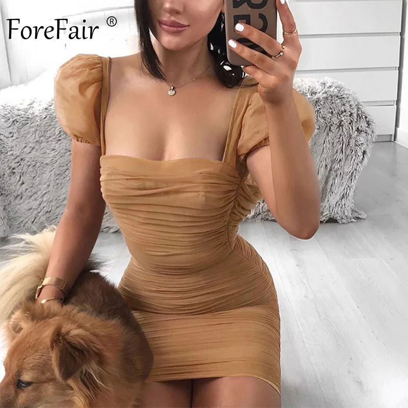 Khaki Dress Сексуальное Сетчатое платье Forefair с пышными рукавами и рюшами, винтажное женское клубное мини-платье без бретелек, вечерние облегающее платье для женщин - Цвет: Khaki Dress