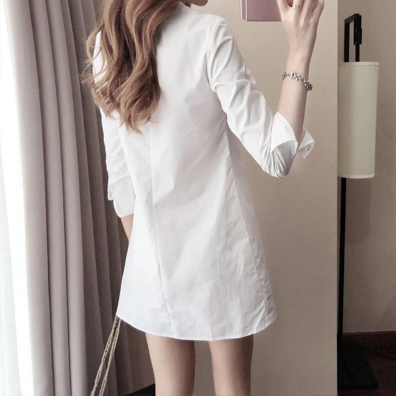 Women Girl Fashion White Long Sleeve V Neckline Slim Shirt Dress | Женская одежда