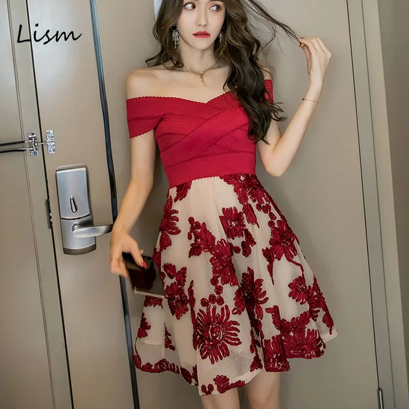 LISM Мини Цветочная вышивка Vestidos De Festa Высокая талия Slash шеи красное платье Летняя