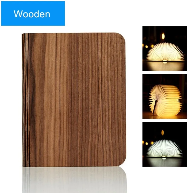 Wooden Книжный светильник, кожаная/деревянная складная книжная лампа, ночной Светильник USB Перезаряжаемый светильник в форме книги, светодиодная настольная лампа для декора, креативный подарок - Испускаемый цвет: Wooden
