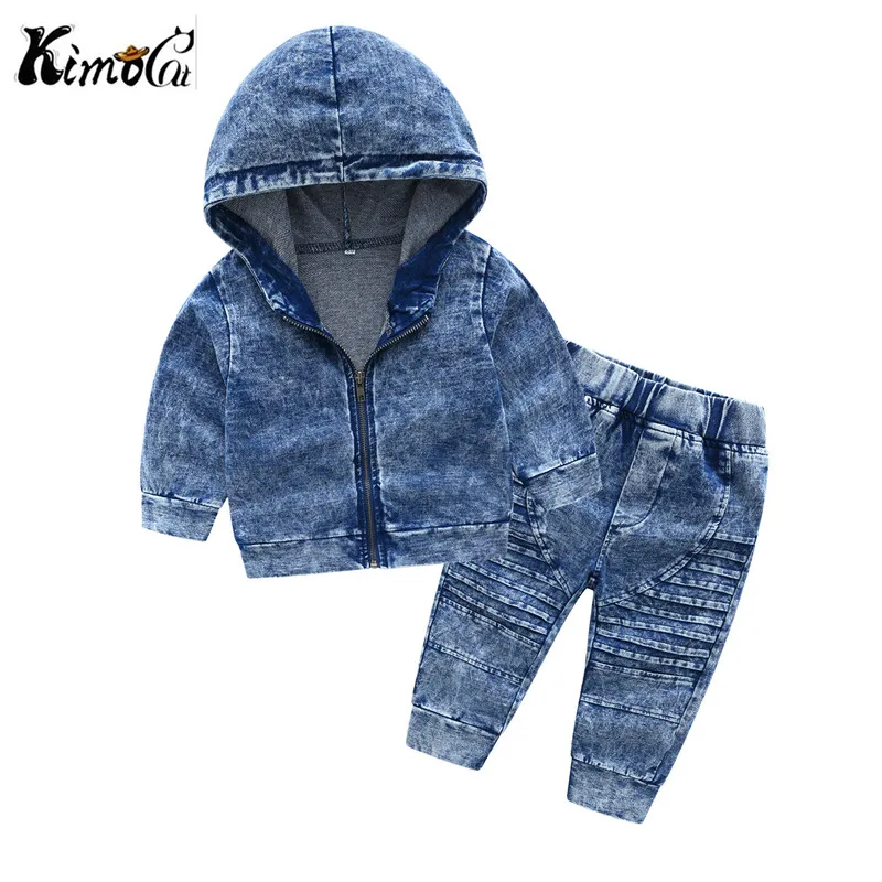 Kimocat/осенний Новый детский джинсовый Трикотажный костюм с капюшоном и длинными