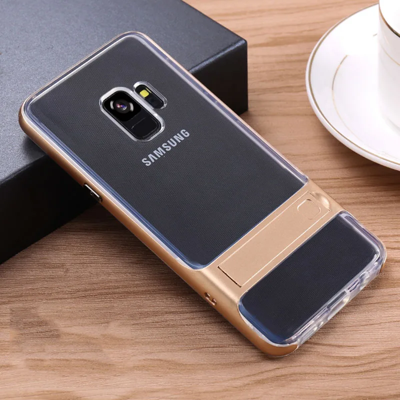 Роскошные Скрытая чехол с Умной крышкой и подставкой для samsung Galaxy S10 S8 S9 плюс Note8 Note9 Тонкий Жесткий ПК+ ТПУ чехол-держатель для крепления для samsung Note9 S9 чехлы - Цвет: Clear Gold