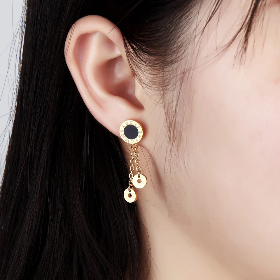 

BORASI Roman Numerals Black Disc Drop Earrings Gold Color Simple Temperament Stainless Steel Dangle Earrings For Woman Jewelry