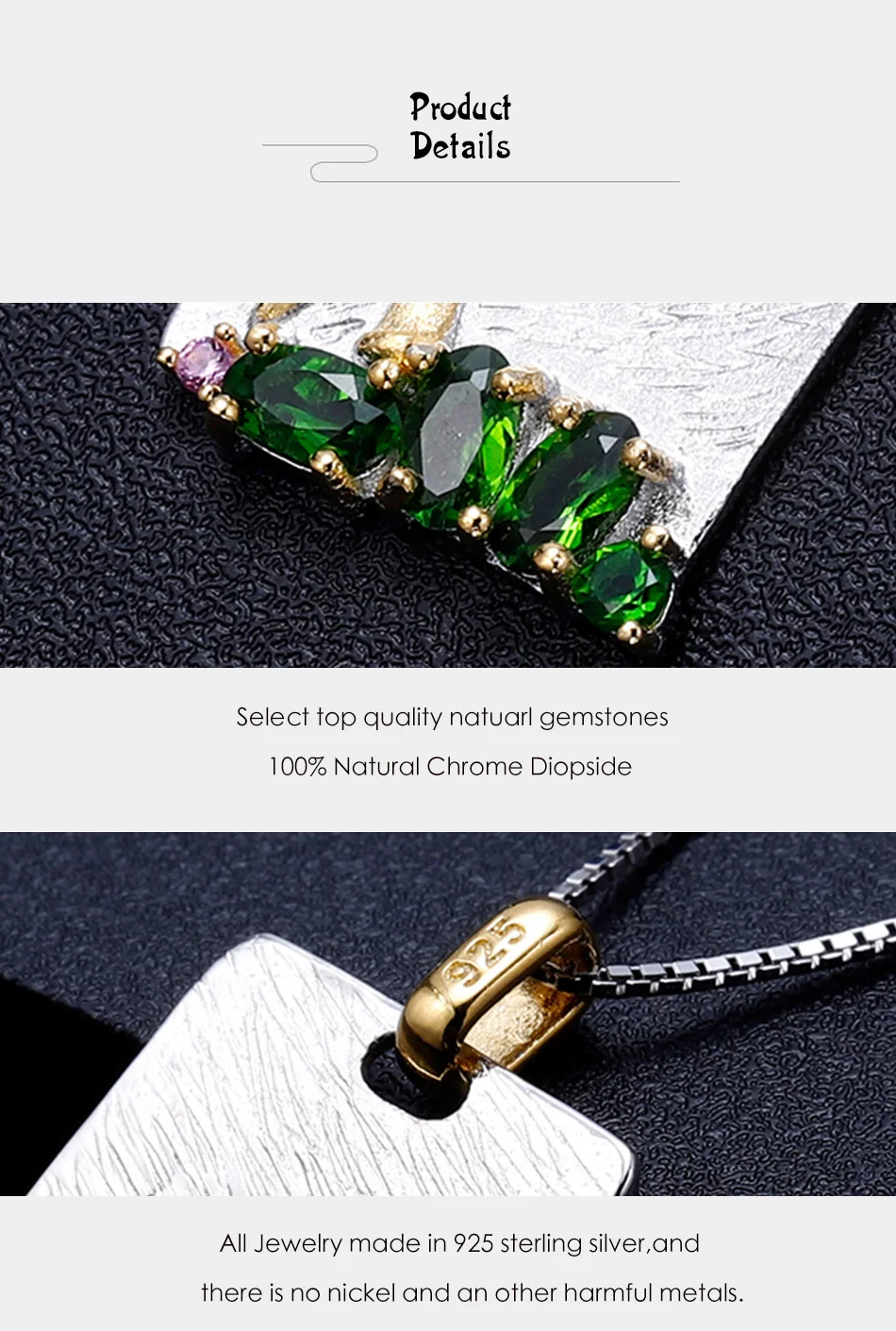 GEM'S BALLET Natural Chrome Diopside Gemstones Pendant 925 Sterling Silver Handmade Creative Bamboo Necklace for Women Wedding