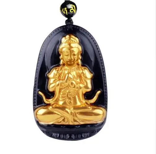 

High Quality Spray gold powder + Black Obsidian Carved Buddha Lucky Amulet Pendant Necklace For Women Men pendants Jadee Jewelry