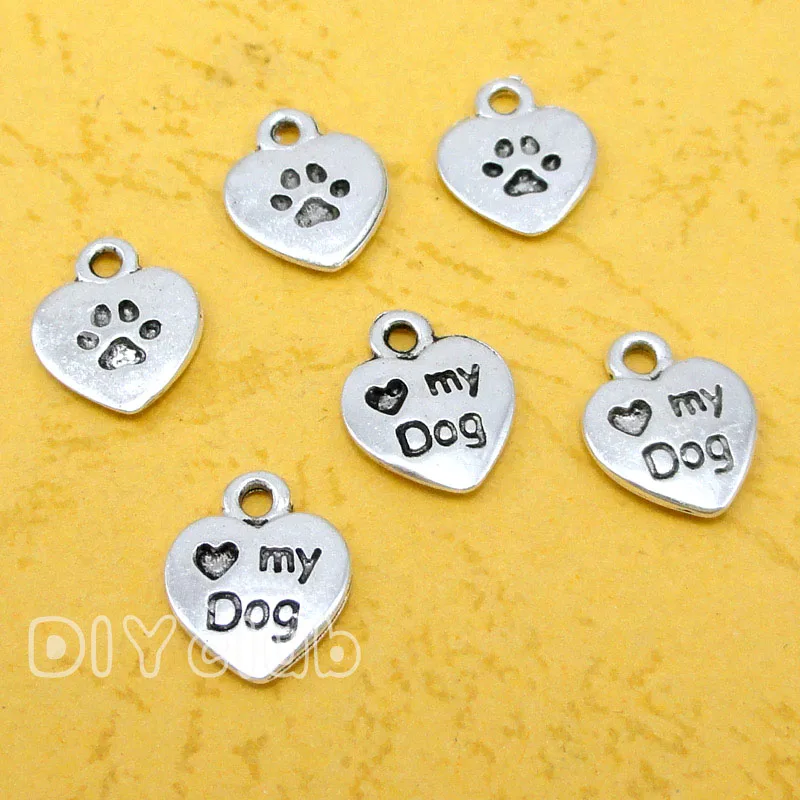 

80pcs- Heart Charms Antique Silver / Bronze My Dog Paw Charm Pendant 13x10mm