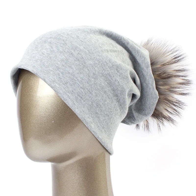 Light Grey B Бренд Geebro, женская шапка бини, Повседневная хлопковая шапка с помпоном, шапки бини, енот, помпон Лисий мех, Skullies, шапки-Балаклавы для женщин, JS294 - Цвет: Light Grey B