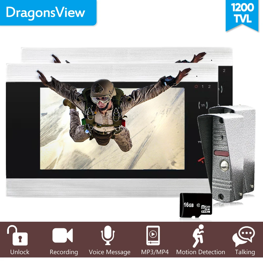 Dragonsview 7 дюймов Запись видео домофон система с 2 камерами 1200TVL проводной дверной