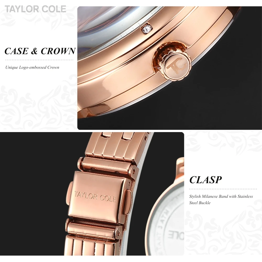 Женские часы Taylor Cole розовые золотые роскошные со стальным ремешком наручные