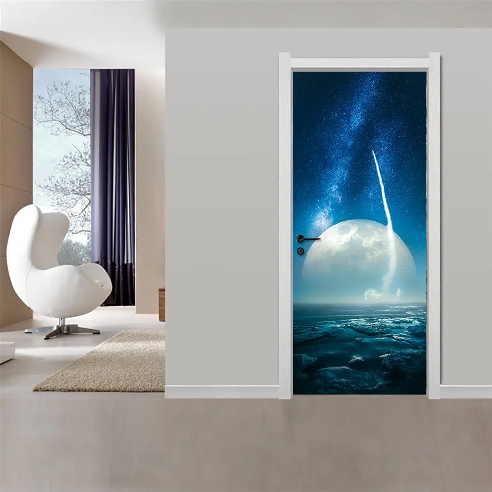

Mysterious Blue Planet Door Stickers Waterproof Wallpapers DIY Removable Mural Self-adhesive Home PVC Decoratio For Living Room