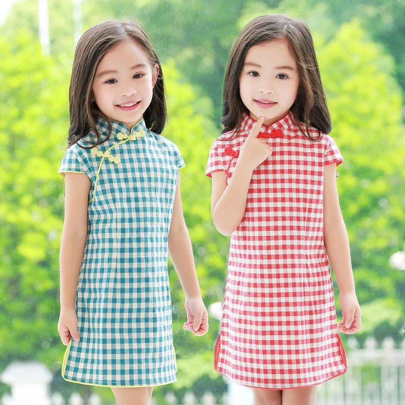 Чонсам из хлопка и льна с коротким рукавом для девочек qipao размеры от 2 до 8 лет|red
