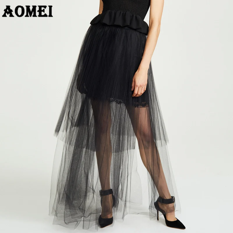 

Women Long Tulle Skirt Irregular Mesh See Through Mesh High Waist Elastic Pleat Spring Summer Falda Elegant Female Fashion Saias