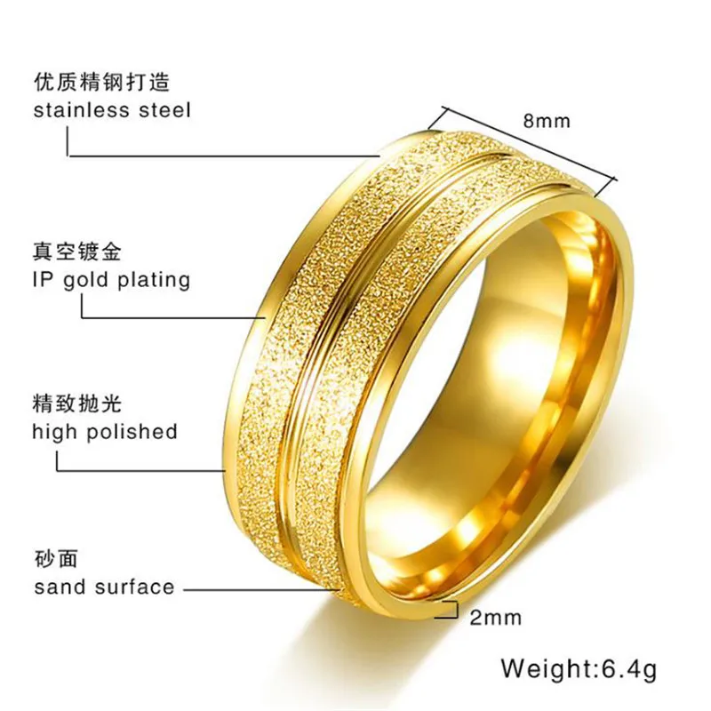 8MM titanium steel sand surface concave grooved ring for Men gold color boyfriend gift jewelry | Украшения и аксессуары