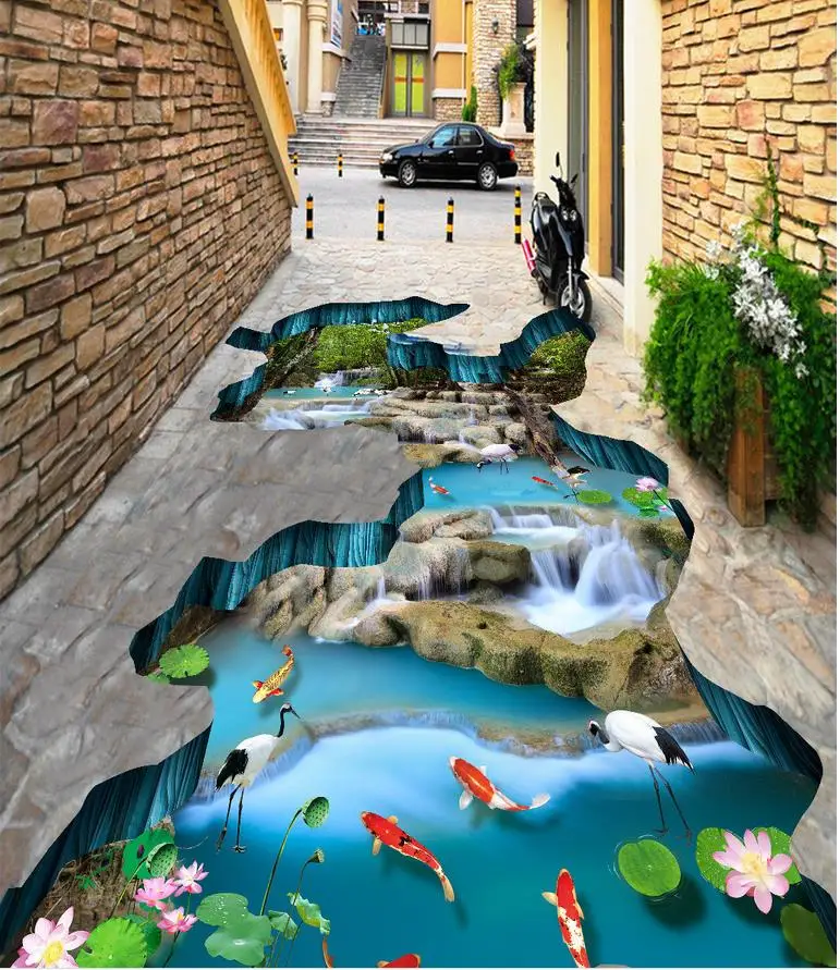 3d пол живопись обои водопад Лотос Карп 3D Пол ПВХ для ванных комнат|floor wallpaper|painting