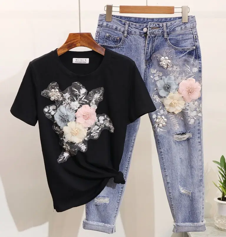 Black Set Amolapha для женщин тяжелая работа вышивка 3D футболки с цветочным узором+ джинсы комплекты одежды из 2 предметов Летние повседневные Костюмы - Цвет: Black Set