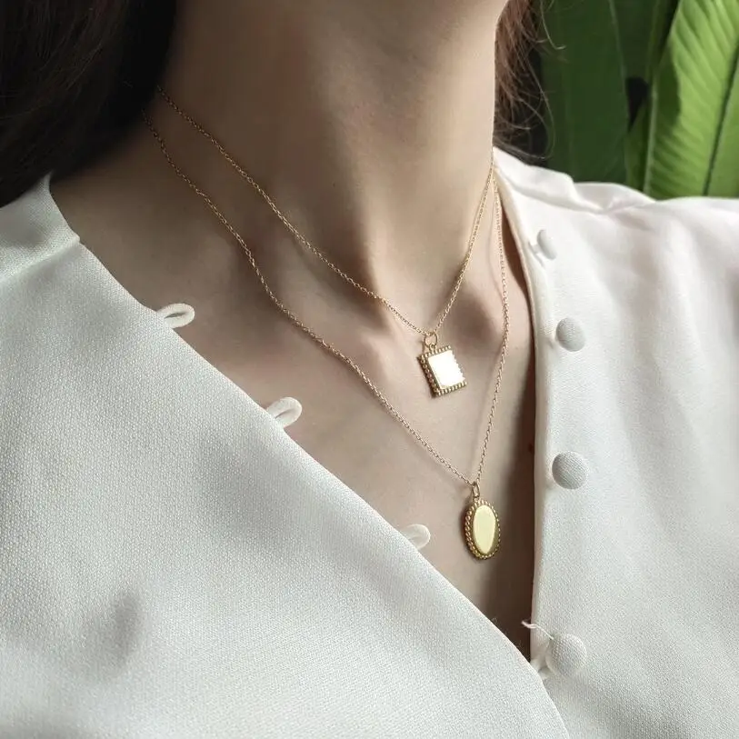 

Vintage Gold Geometric Mirror Square Pendant Necklace kolye 925 Sterling Silver Fashion Jewelry Charm Chain For Women collares