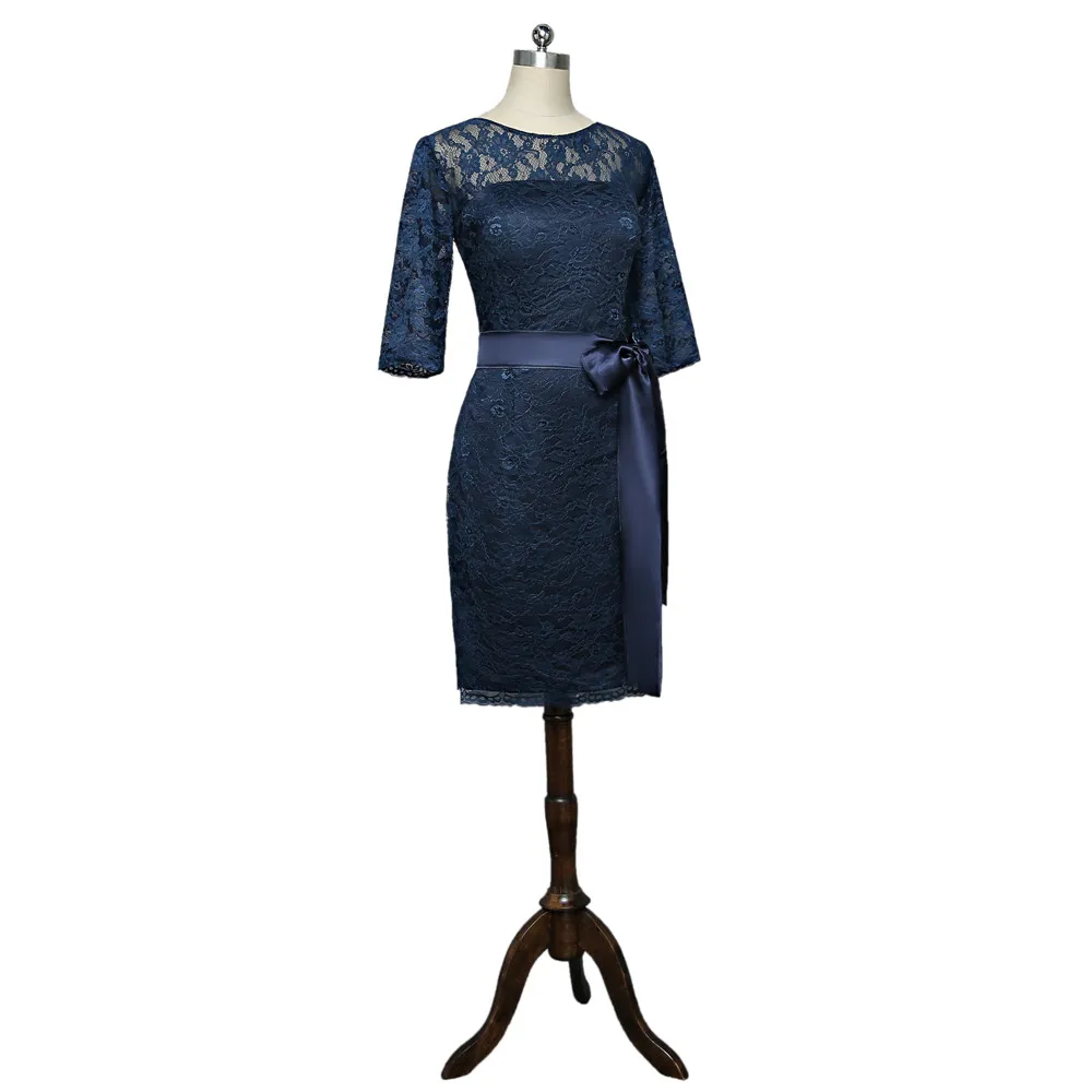 Navy Blue Mother Of The Bride Dresses Sheath 3/4 Sleeves Lace Bow Plus Size Short Formal Groom Dress For Wedding | Свадьбы и