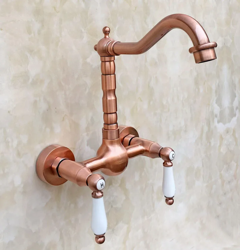 

Antique Red Copper Brass Wall Mounted Dual Ceramic Handles Kitchen Sink Faucet Bathroom Basin Mixer Taps Swivel Spout mrg034