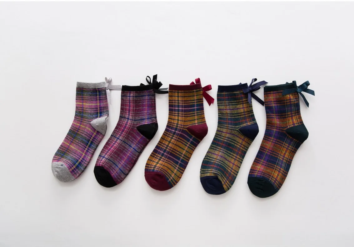 10 pairs/lot! Girl Socks Casual Fashion Color Plaid Bow Decoration Socks